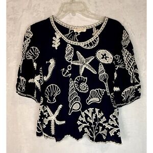 Solitaire Navy Embroidered Seashell Blouse Coastal Boho Rayon Top M Resort